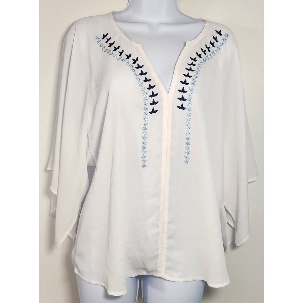 Ariat White Embroidered Boho Peasant Blouse Butterfly V-Neck S‎